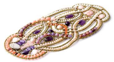 Very wide, high-fashion bracelet handmade with pearls, pink opals, amethusts and violet agate.