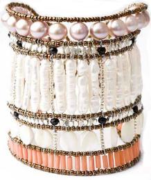 Statement Italian designer bracelet by Ziio handmade with pink pearls, baroque white pearls, sterling silver and touches of black and coral.