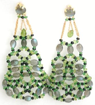 Fine Italian chandelier earrings made with 18k gold, diamonds, black spinels and semi-precious stones in green